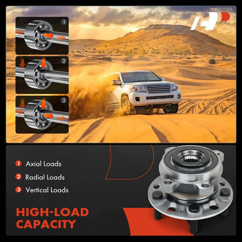 High-load capacity front wheel bearing and hub assembly image with SUV in desert background, highlighting axial, radial, and vertical loads.