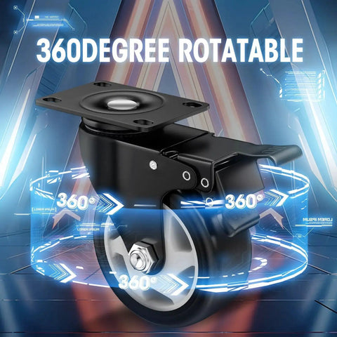 Set of four 4-inch locking caster wheels with top-plate mount and brake, black housing
