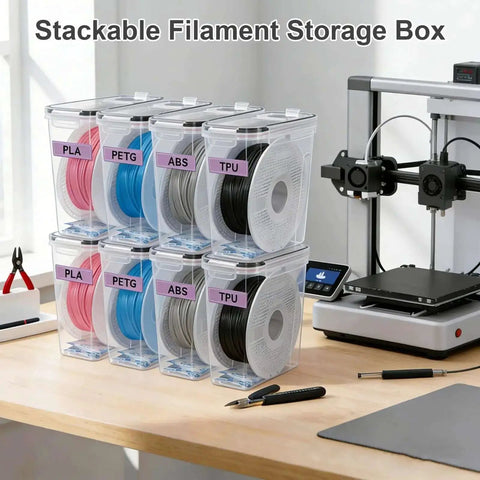 Stackable filament storage box for PLA, ABS, PETG, featuring moisture-proof dry box 4 pack with reusable silica gel desiccants.