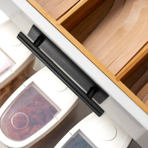 30 Pcs Self-Stick Cabinet Drawer Handles Pulls Black Peel And Stick Plastic Adhesive Door Handles Installed on White Drawer