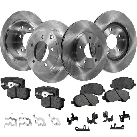 Front and rear brake rotor and pad kit for Mitsubishi Lancer 2008-2011; includes 4 rotors, 8 pads, and hardware.
