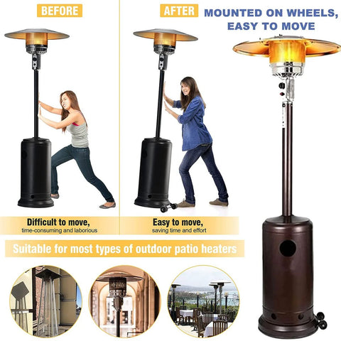 Universal patio heater wheel kit with stainless steel bracket and black wheels installed on a gas patio heater.