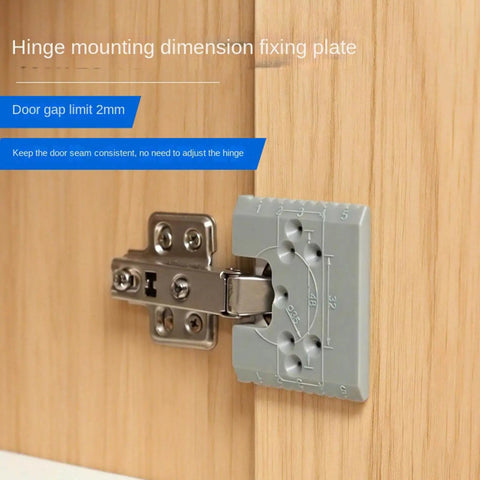 Door Hinge Router Jig With Adjustable Mortise Guide And 2mm Precision Groove mounted on wooden cabinet door