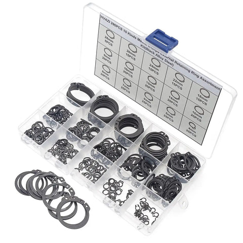 290 Piece C Clips External Retaining Ring Assortment Kit Heavy Duty Black Alloy Steel 15 Sizes 4mm To 18mm in box