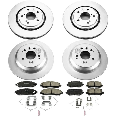 PowerStop front and rear brake kit with four silver rotors, ceramic pads, and mounting hardware.