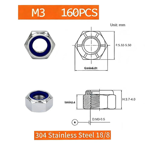 M3 Nylon Insert Lock Nuts 0.5mm Pitch, 160 Pcs, 304 Stainless Steel A2 70, diagram and specs