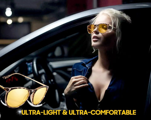 Woman wearing Night Vision Driving Glasses With Polarized Yellow Lenses For Low Light Driving in car at night with close-up of glasses