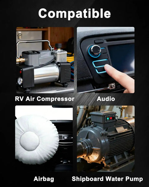Image showing RV air compressor, car audio system, airbag, and shipboard water pump with 'Compatible' text.