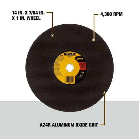 Heavy Duty 14 Inch Metal Chop Saw Blade With Aluminum Oxide Grain showing DEWALT logo and technical specs