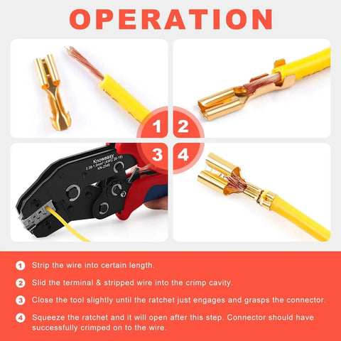 Versatile Precision Crimp Tool KN-2549 Pro Grade With Automatic Release For JST Molex Dupont Terminals shown in operation steps.