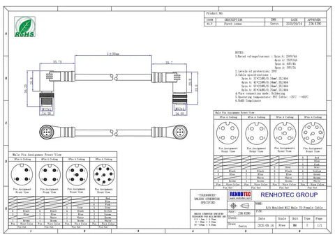 Technical drawing of 8 Pin M12 Right Angle Connector Cable With A Coding 1 Meter Length AWG22 M12 Male To Female For Industrial Applications Secure Fast Connections In Harsh Environments.
