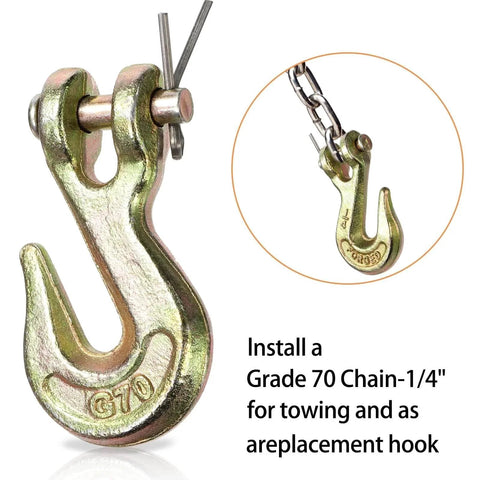 Ten Pack 1/4 Inch Clevis Grab Hook For 6mm Chain, G70 Forged Steel Safety Hook, Chromate Finish, front view, close-up on hook