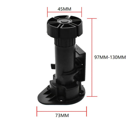 Single adjustable black cabinet leveler leg, part of a 12 Pack Black Cabinet Leveler Legs Adjustable Furniture Feet Elevate Cabinets From Three And Seven Eighths Inches To Five And One Eighth Inches With Easy Finger Turn Ideal For Cabinets Furniture And DIY Projects Humidity Ready And Water Resistant, detailed measurements shown.