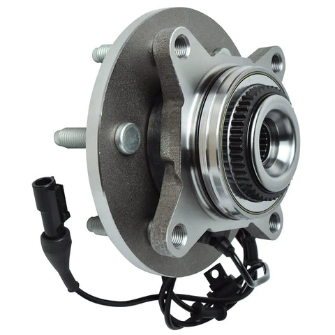 4WD Front Wheel Bearing Hub Assembly For Ford F-150 2004 to 2008, Expedition 2003 to 2006, Navigator 2003 to 2006, Mark LT 2006 to 2008, 6-Lug ABS Compatible Replacement Hub shown. Features silver 6-lug design with ABS sensor and wiring, front view.
