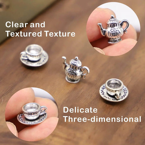 Hinge Head Silver Tea Set Door Decor Toppers Three Pack Magnetic Miniature Teapot And Cup Figurines For Doors, close-up view