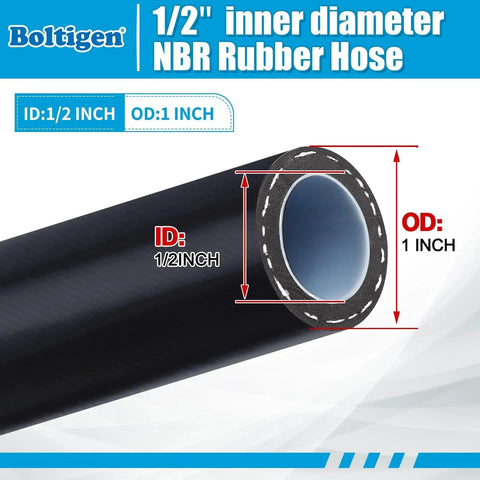 High Flow Half Inch ID Vacuum Refrigerant Hose For HVAC Systems Six Foot Long With Three Eighths To One Quarter Flare Fittings Vacuum Certified For AC And Refrigeration Burst Pressure 3200 PSI Working Pressure 640 PSI Black Boltigen close-up view of hose with specifications.