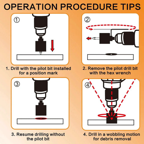 Operation procedure for 2 Pack 1 Inch Diamond Tipped Hole Saw Bits With Guiding Pilot Bits For Porcelain Tile Ceramic Stone Glass Pottery and Bottles.