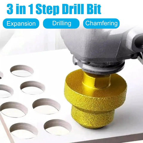 Two Pack Diamond Brazed Step Drill Bits Set Pro Grade M10 Thread for Angle Grinder, shown enlarging round holes in tile.