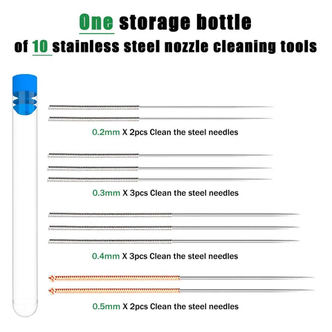60 Piece Nozzle Cleaning Kit With Hardened Steel Needles In 0.2mm 0.3mm 0.4mm And 0.5mm Diameters for 3D printers shown with storage bottle.