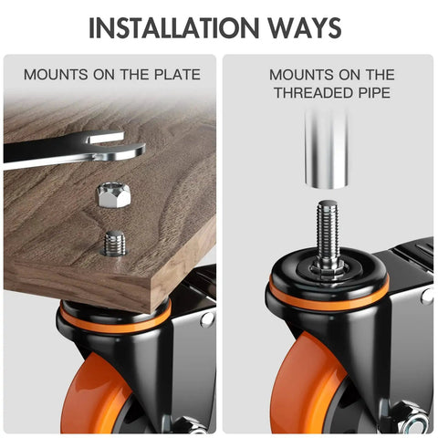 Installation of Heavy Duty 4 Inch Stem Caster Wheels Set Of 4 With Dual Locking Brakes For Furniture And Carts, 3/8 Inch 16 UNC Threaded Stem.
