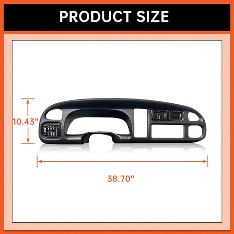 Front view of Dodge Ram Dash Bezel Cover for 1998-2002 1500 2500 3500 Instrument Cluster showing dimensions.