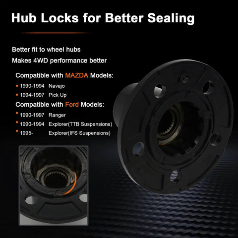 Manual Free Wheel Bearing Locking Hubs Replacement For Ford Explorer 1990-1994, Ford Ranger 1990-1997, Mazda Pickup 1994-1997, Navajo 1990-1994 AVM465HP 2 Piece Direct Fit Upgrade, black hub with internal components visible