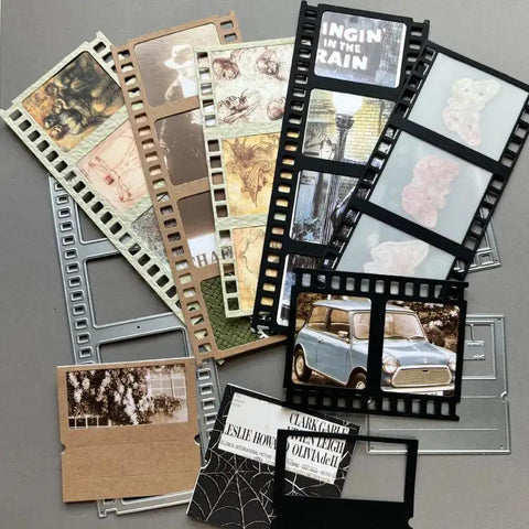 Totally Versatile Vintage Film Frame Die Cutting Set for Card Making and Scrapbooking, 6 Piece Die Cuts displayed on surface