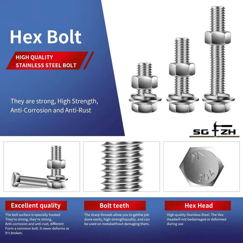 Beefy 1/4-20 Hex Head Bolt Kit With Nuts, Flat And Lock Washers, 20 Pcs, 304 Stainless Steel, anti-corrosion features shown.