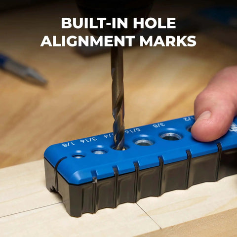 Portable Drilling Guide With Six Hardened Drill Guides For Precise Carpentry Holes And Quick Setup For DIY Projects Pro Grade Accuracy Durable Steel Construction Easy Hole Alignment By Kreg in use on wooden surface with drill.