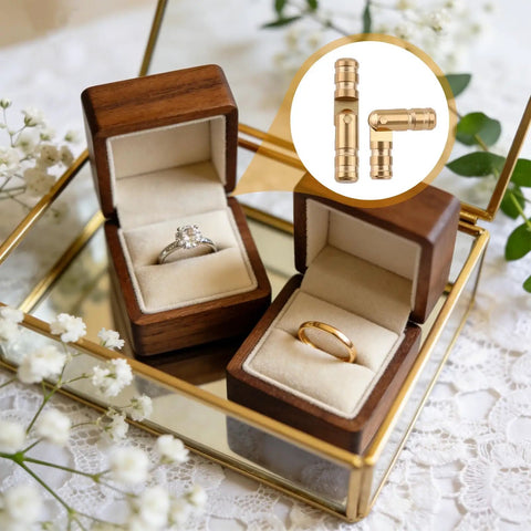 Wooden jewelry boxes with rings, featuring a close-up of 25 Pieces Brass Barrel Hinges For Wooden Boxes And Jewelry Boxes Concealed Hidden Cylindrical Hinges 2x0.4 Cm Durable Cabinet Door Hardware For Small Woodworking Projects And Model Making.