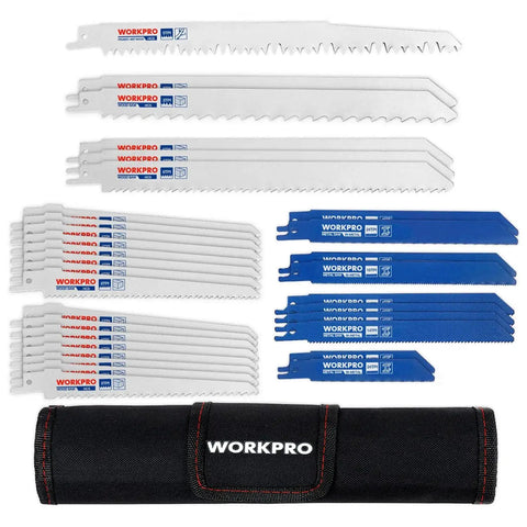 32-Piece Reciprocating Saw Blade Set With Organizer Pouch For Wood Metal And Pruning Blades Featuring Cr-V Steel Woodcutting Blades Bi-Material Metal Blades And Pruner Blades Ideal For DIY Projects And Heavy Duty Jobs By WORKPRO, showing various blades and a black pouch.
