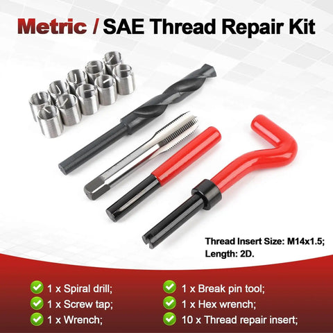 Pro Grade 15 Pcs M14x1.5 Thread Repair Inserts Kit With Spiral Drill Tap Wrench And Tools, Stainless Steel Helicoil Style Repair Kit.