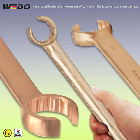Close-up of No-Spark Flare Nut Wrench 6x7mm Brake Line Wrench Metric, 95mm Length, Beryllium Copper, Non-Magnetic, 15 Degree Offset Head.