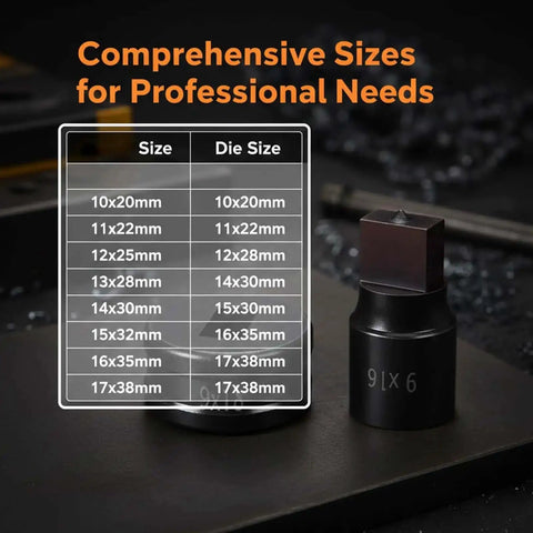 8-Piece Rectangle Hydraulic Hole Punch Die Set For CH-70 Punch Tool size chart with chrome steel dies and dimensions.