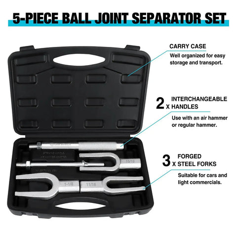 5-Piece Ball Joint Separator Set With Pickle Forks For Cars And Light Trucks, showing carry case with forks and handles