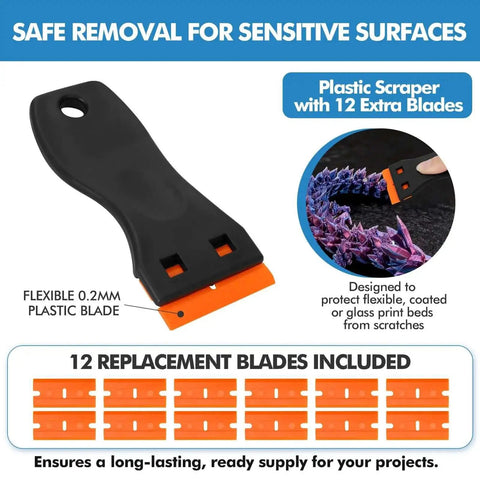 Flexible plastic scraper with 12 replacement blades for Dual Tool 3D Printer Scraper Set With Angled Metal Spatula.