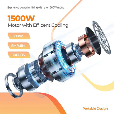 Diagram of 3 In 1 Electric Hoist Winch 1500W motor with efficient cooling system, highlighting 1500W power and portable design.