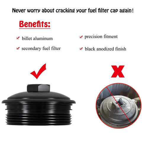 Fuel Pressure Test Kit With Billet Cap And Pressure Port For Ford 6.0L Diesel showing billet aluminum cap and benefits list