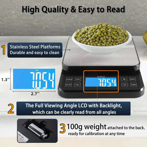 Large Kitchen Scale With 0.1g Precision And 11lb Capacity USB Rechargeable Hold Function Backlit LCD Stainless Steel Pan shown with peas