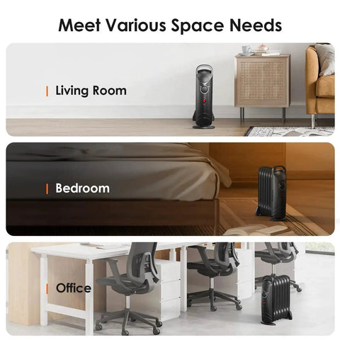 Efficient 700W Oil Filled Radiator Heater For Indoor Use With Adjustable Thermostat And Two Heat Settings Ultra Quiet Overheat Protection Small Space Heater For Bedroom Office Desk Black From Air Choice shown in living room, bedroom, and office.