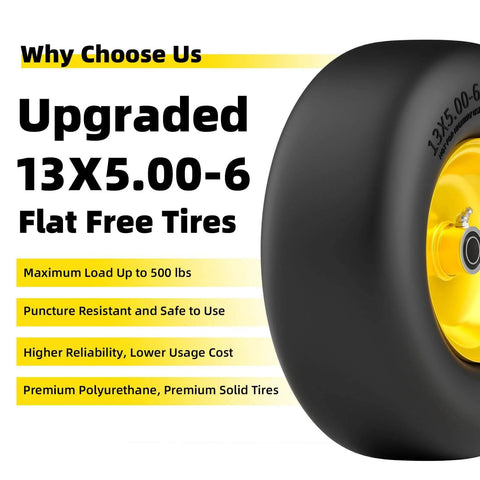 2 Pack Flat Free Tire And Wheel Set For Lawn Mower, 13x5.00-6 Front Tires For Zero Turn Mowers, Solid Polyurethane, Yellow Hub