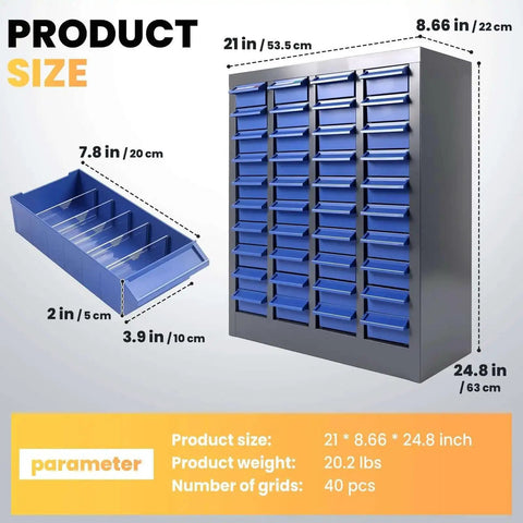 Image of Ultra Handy 40 Drawer Parts Cabinet for nuts, bolts, and small hardware, showing dimensions and ABS drawers with dividers.