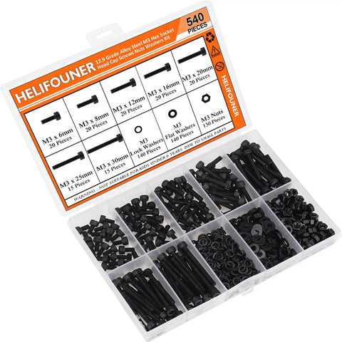 540 Piece M3 Hex Socket Head Cap Screws Kit With Nuts Washers In Black 6mm 8mm 12mm 16mm 20mm 25mm 30mm Beefy Full Threaded 12.9 Grade Alloy Steel Hardware Set in a transparent box