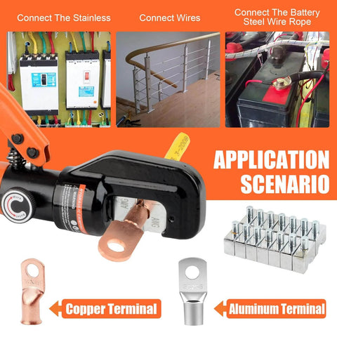 Hydraulic Crimping Tool Kit With 9 Die Sets For 12 AWG To 2/0 AWG Cables, Wire Rope Electrical Terminal And Battery Cable Crimper showcased in use with terminals.