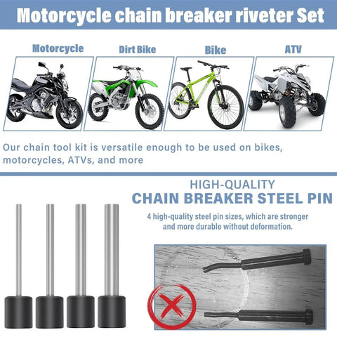Motorcycle Chain Breaker Tool Kit With 18 Piece Chain Rivet Tool Set And Chain Link Cutter shown with steel pins for bikes, ATVs.