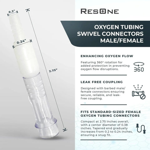 Swivel Oxygen Tubing Connectors 10 Pack By ResOne With 360 Degree Rotation Leak Free Barbed Fit For Cannula Hose Tube Connections Oxygen Line Splitter Medical Home Marine Use Standard Size Male Female shown in front view with dimensions and features.