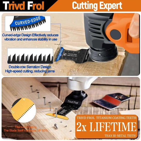 121 Pack Oscillating Saw Blades Kit All In One With Titanium Blades Sandpaper And Sanding Pads for Wood Metal and Plastic Cutting Multitool in use