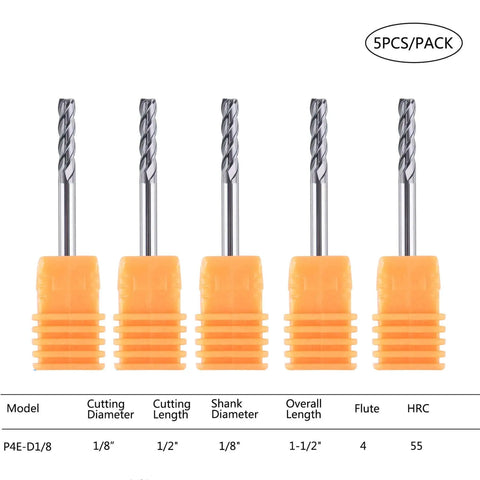 Five-piece set of Four Flute Carbide End Mill One Eighth Inch Cutting Diameter One Half Inch Cutting Length Upcut Spiral Router Bit