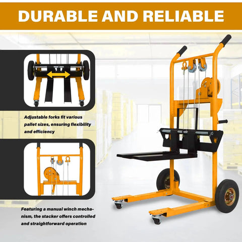 APOLLOLIFT material lift stacker, orange manual pallet jack with adjustable forks and lift plate, swivel casters