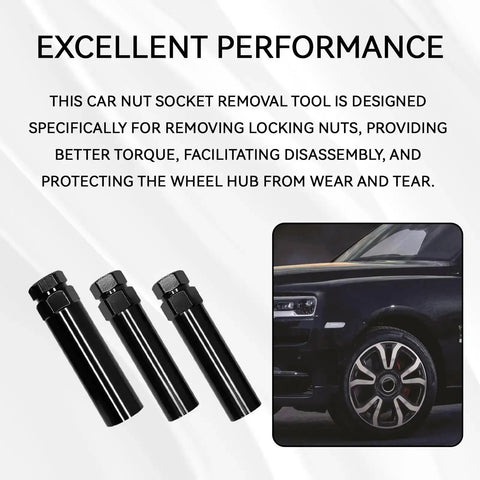 7 Spline Lug Nut Socket Set With Key For Easy Wheel Lock Removal And High Torque Fits 19mm And 21mm Nuts displayed with car wheel